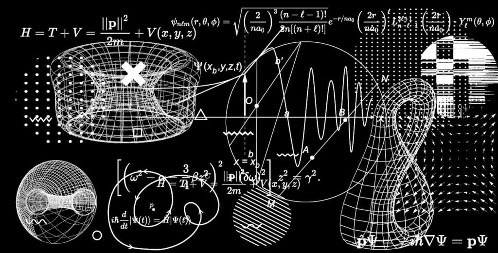 Abstract scientific background with fundamental Quantum Mechanics formulas: Schrodinger (Schroedinger) equation, ect. Blackboard with formulas, graph of a function,