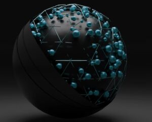Black sphere with blue dots connected by line or wire. Indicating a neural network