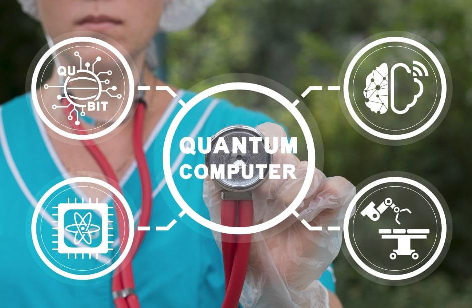 Doctor using virtual touchscreen sees text: QUANTUM COMPUTER